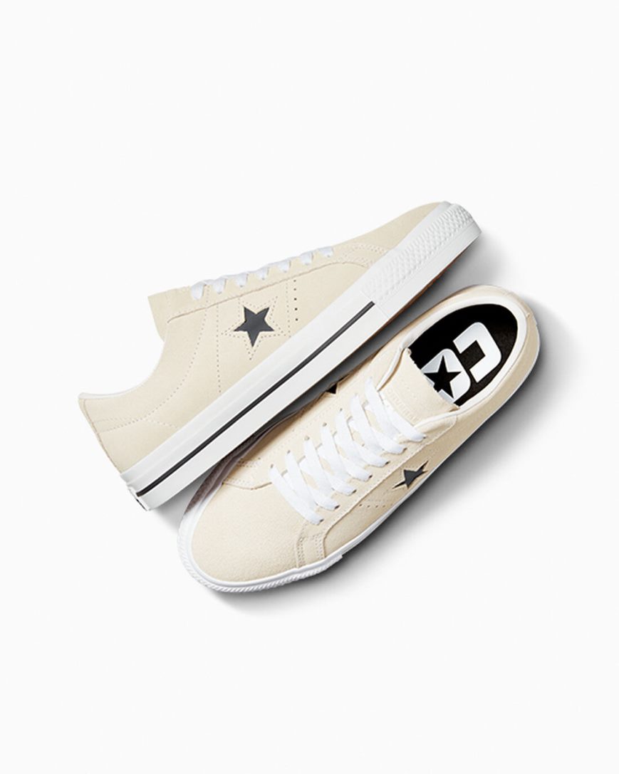 Bascheți Barbati Converse CONS One Star Pro Piele Intoarsa Bej Albi Negrii | RO KZJRU820